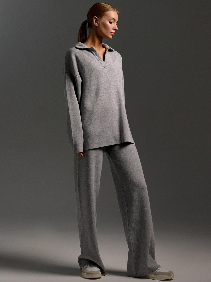 Collared Pullover Top & Loose Straight-Leg Trousers