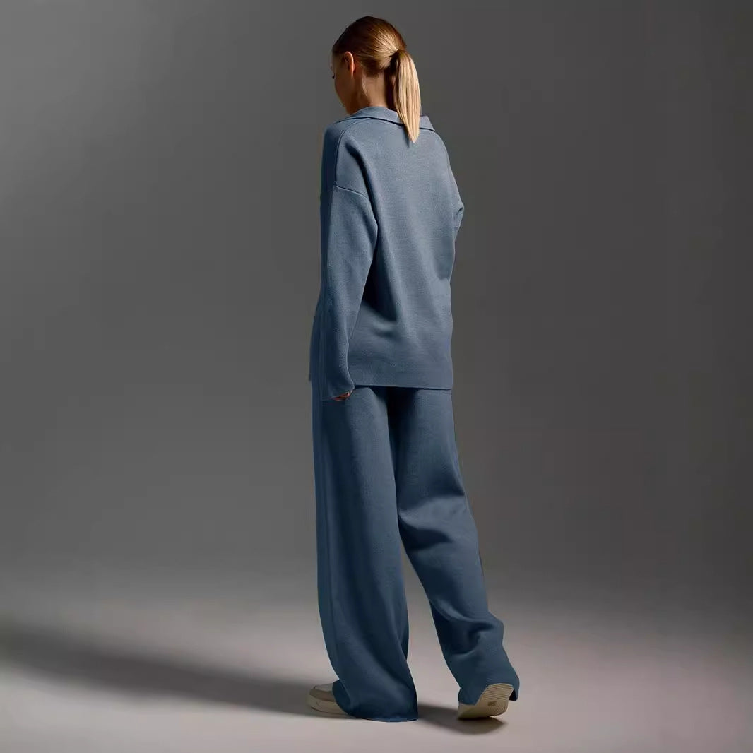 Collared Pullover Top & Loose Straight-Leg Trousers