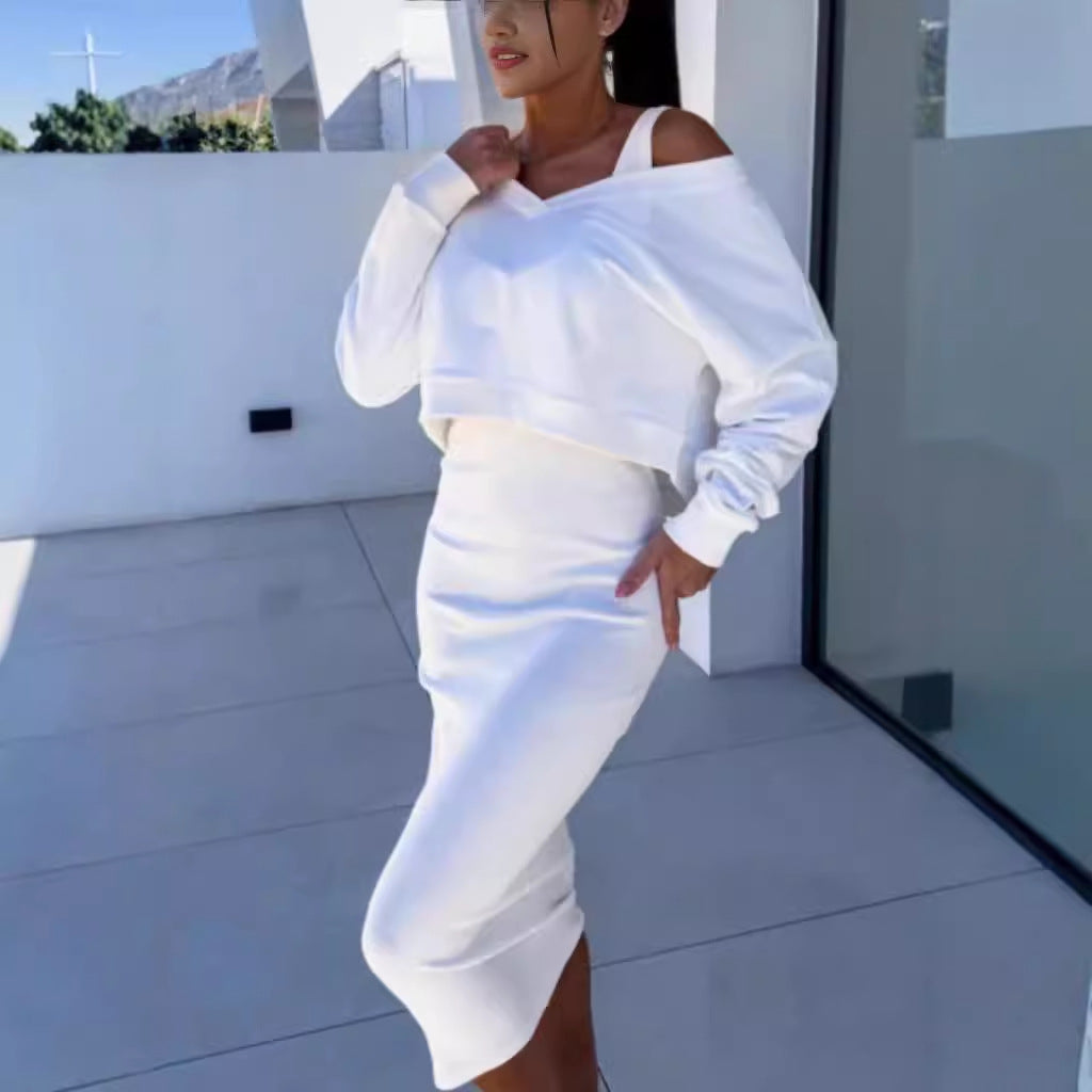 V-Neck Long-Sleeved Pullover & Sleeveless Mid-Dress Set