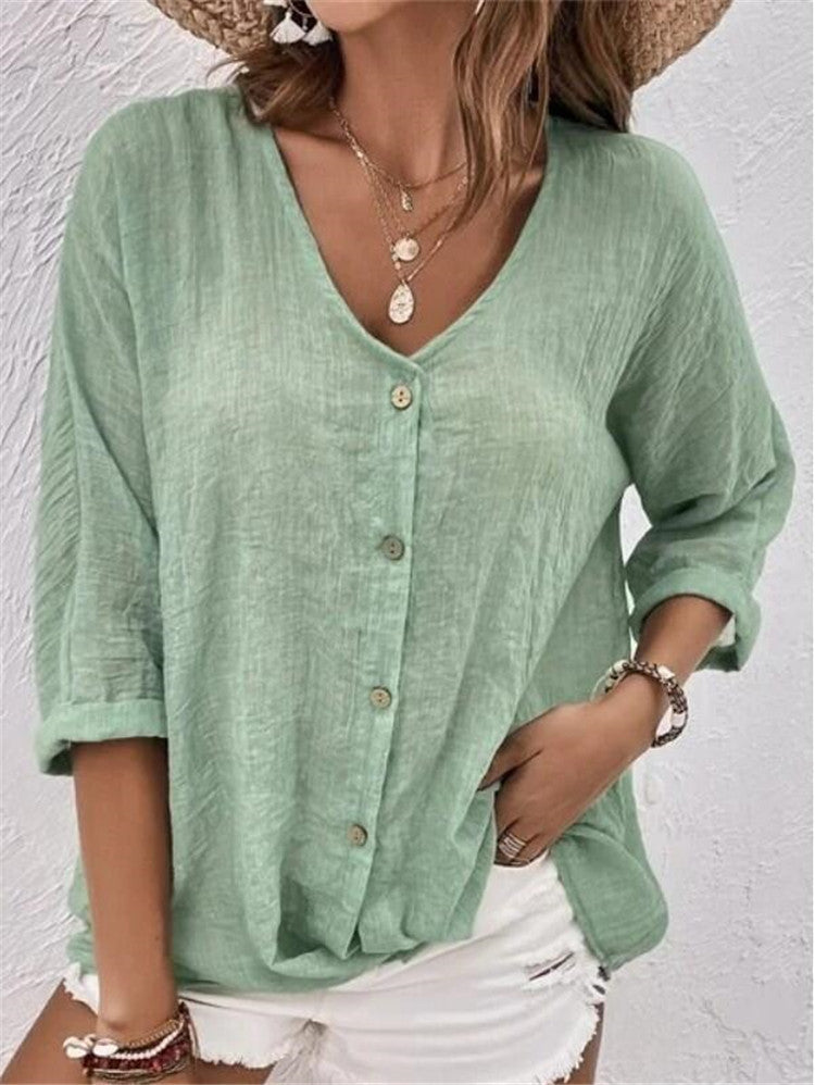 Casual V-Neck Button Top
