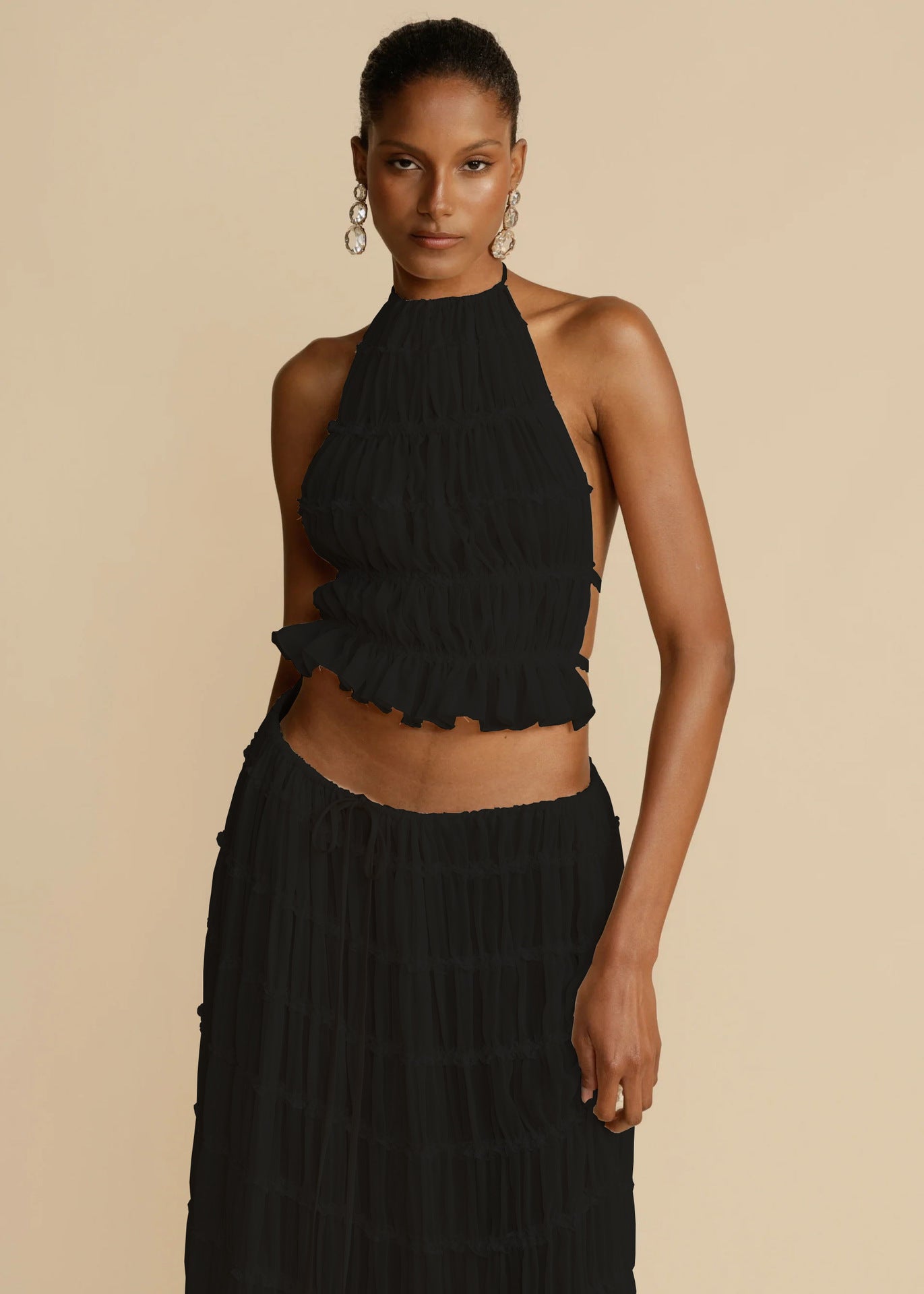 Halter Cropped Top & Pleated Oversized Swing Skirt