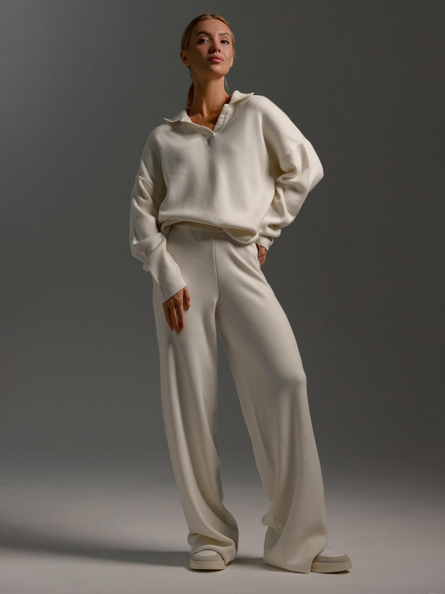 Collared Pullover Top & Loose Straight-Leg Trousers