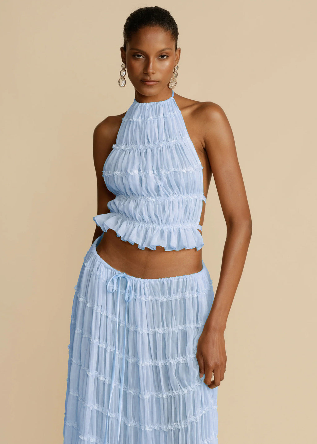 Halter Cropped Top & Pleated Oversized Swing Skirt