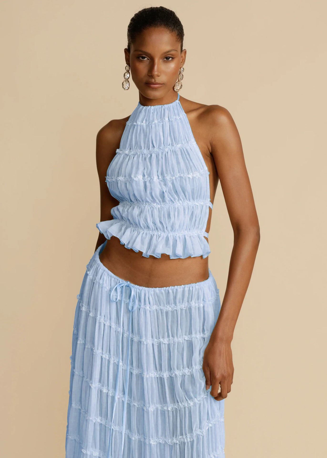 Halter Cropped Top & Pleated Oversized Swing Skirt