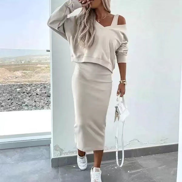 V-Neck Long-Sleeved Pullover & Sleeveless Mid-Dress Set