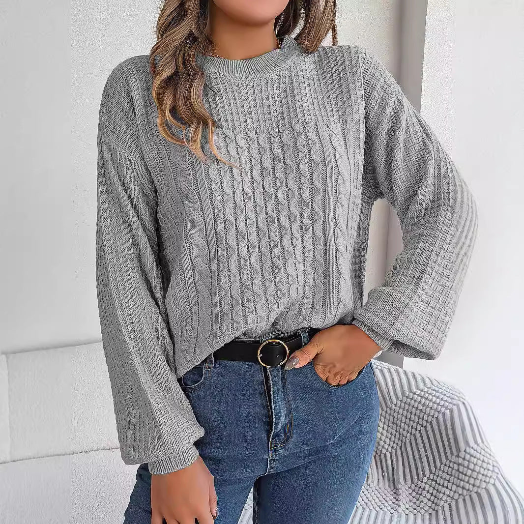 Cable-Knit Lantern-Sleeve Pullover Sweater