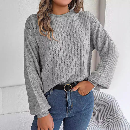 Cable-Knit Lantern-Sleeve Pullover Sweater