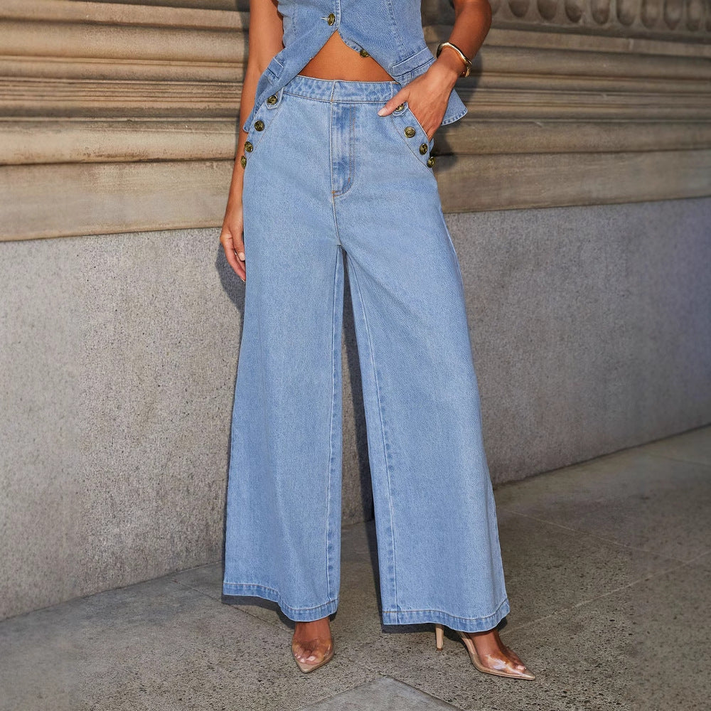 Denim Vest & Wide-Leg Pants Set