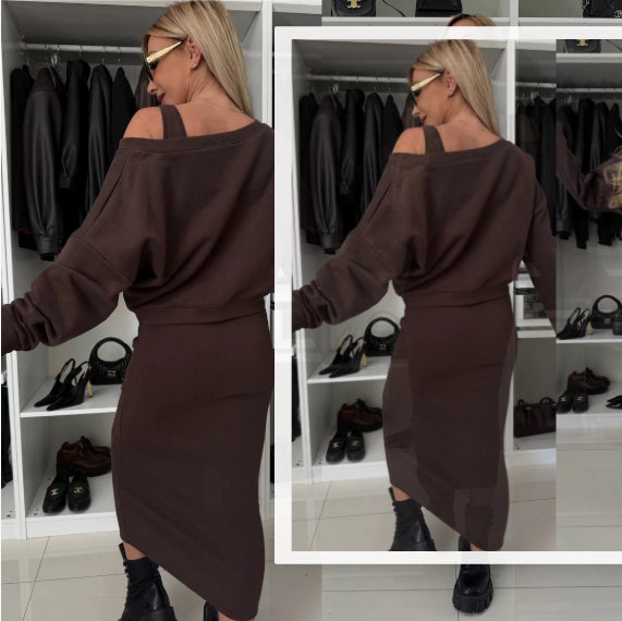 V-Neck Long-Sleeved Pullover & Sleeveless Mid-Dress Set