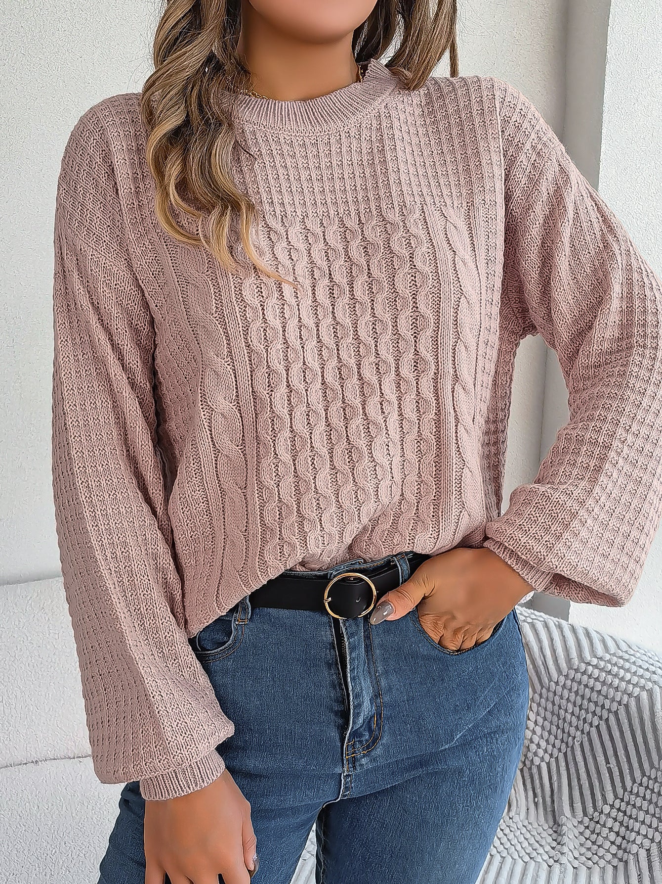 Cable-Knit Lantern-Sleeve Pullover Sweater