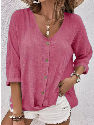 Casual V-Neck Button Top