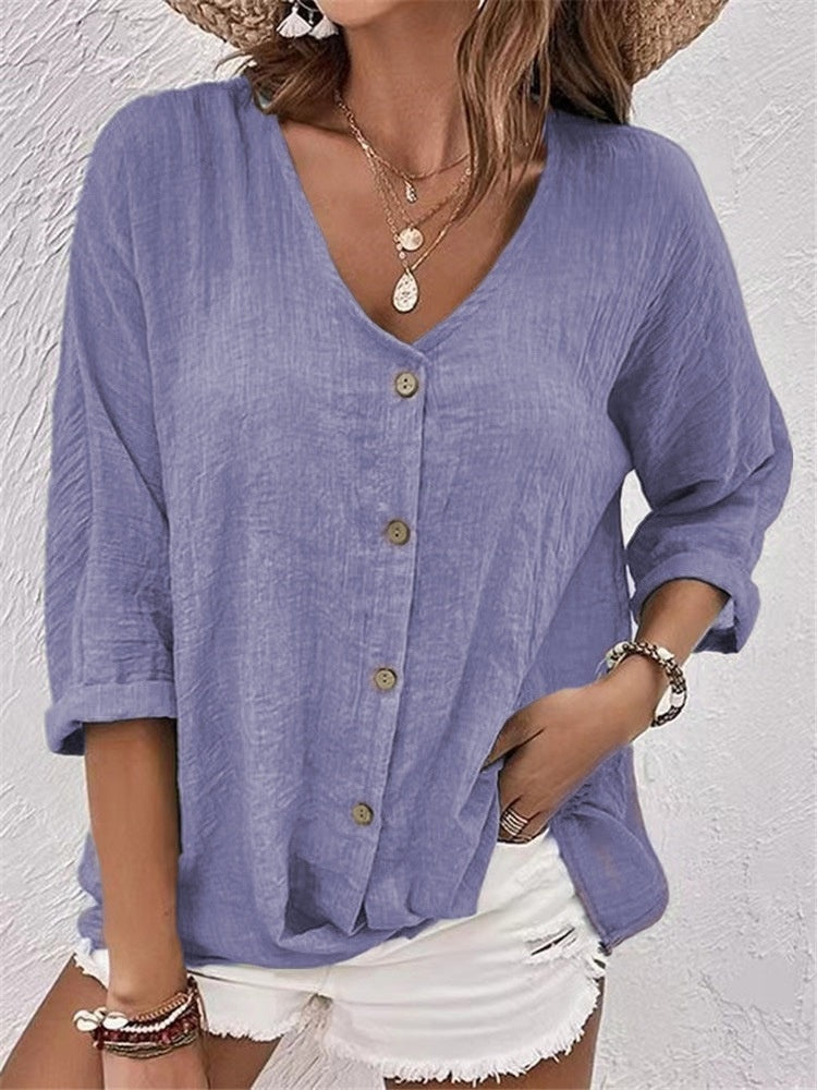 Casual V-Neck Button Top