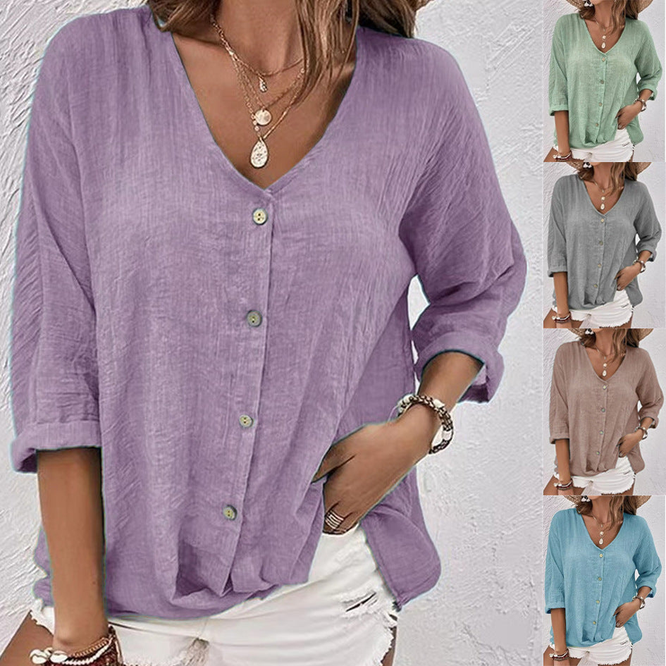 Casual V-Neck Button Top