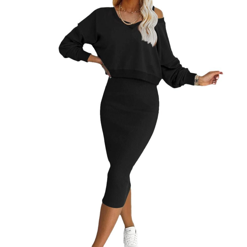 V-Neck Long-Sleeved Pullover & Sleeveless Mid-Dress Set