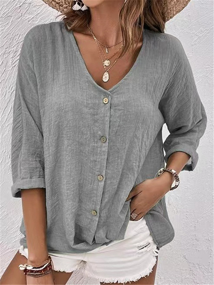 Casual V-Neck Button Top