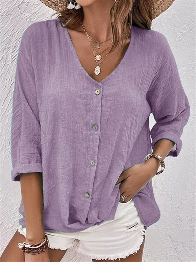 Casual V-Neck Button Top