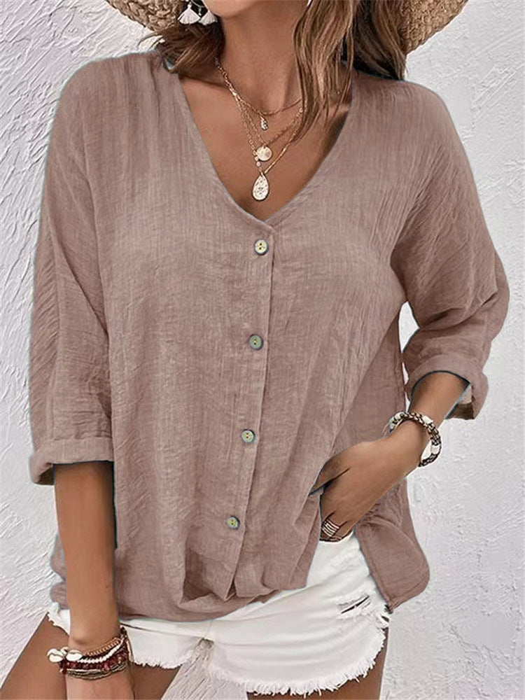 Casual V-Neck Button Top