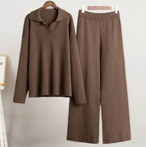 Collared Pullover Top & Loose Straight-Leg Trousers