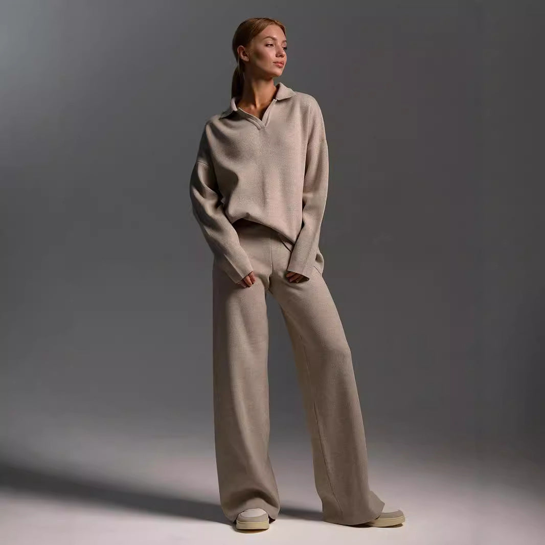 Collared Pullover Top & Loose Straight-Leg Trousers