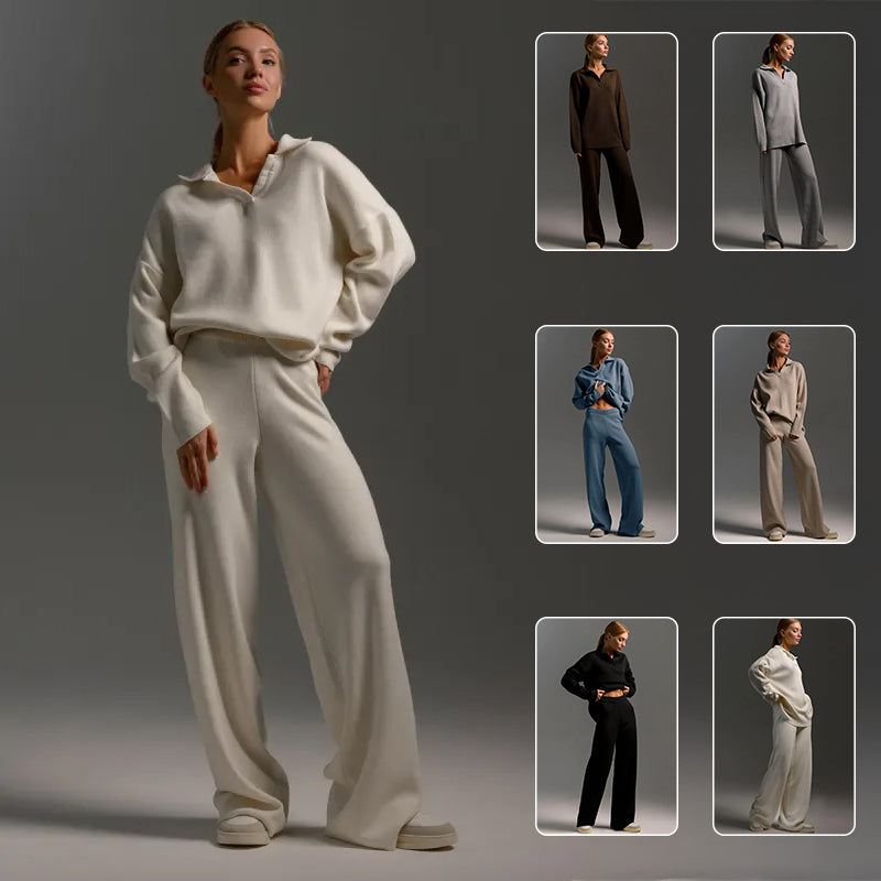 Collared Pullover Top & Loose Straight-Leg Trousers