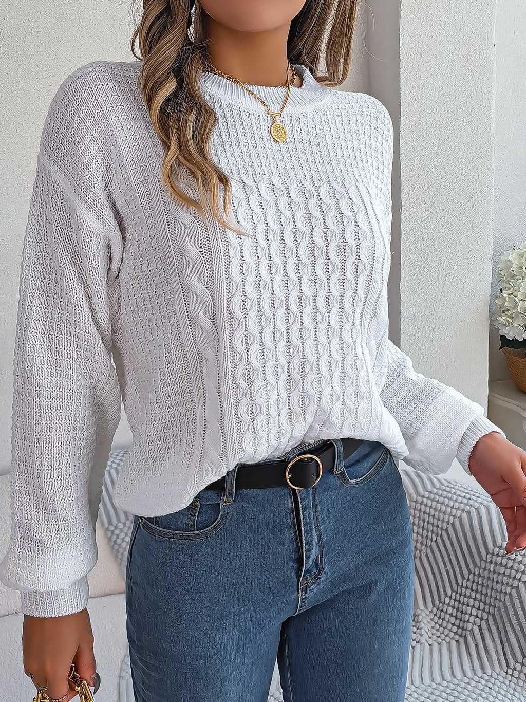Cable-Knit Lantern-Sleeve Pullover Sweater