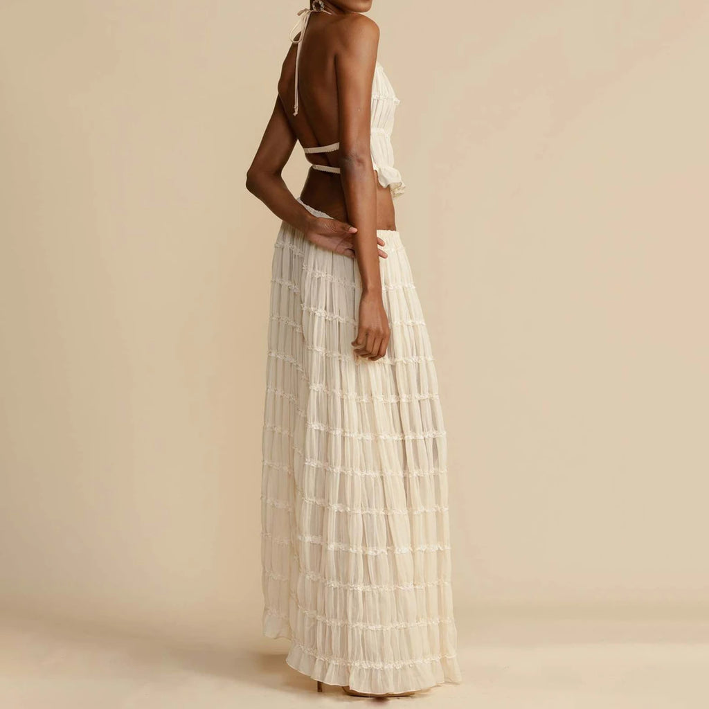 Halter Cropped Top & Pleated Oversized Swing Skirt