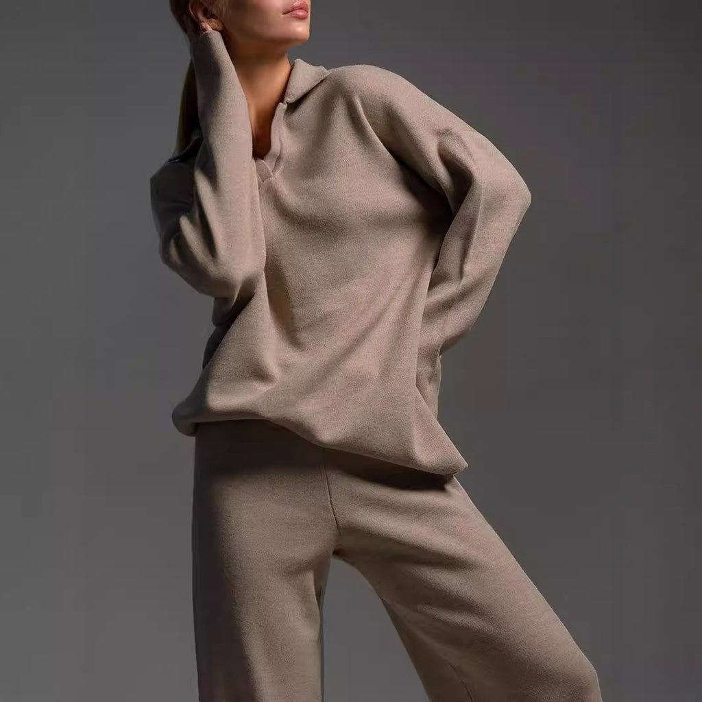 Collared Pullover Top & Loose Straight-Leg Trousers