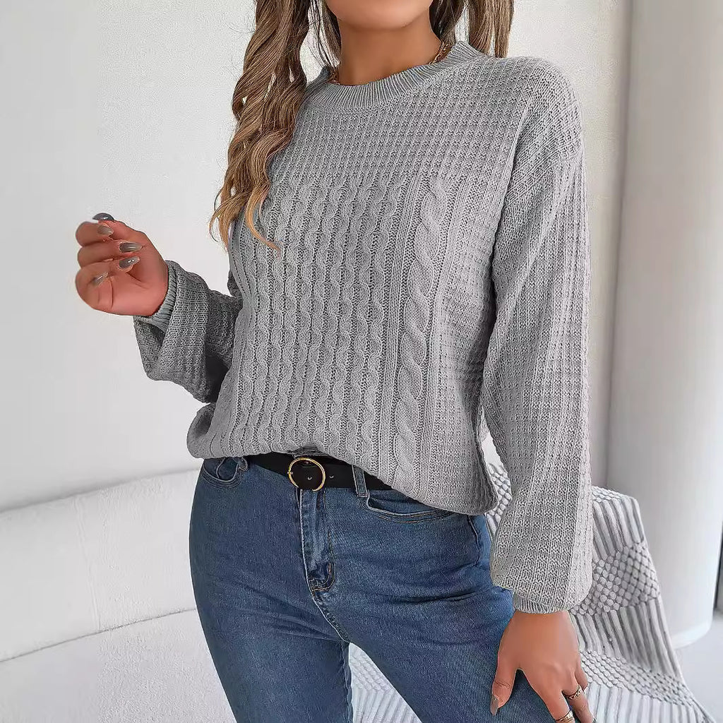 Cable-Knit Lantern-Sleeve Pullover Sweater