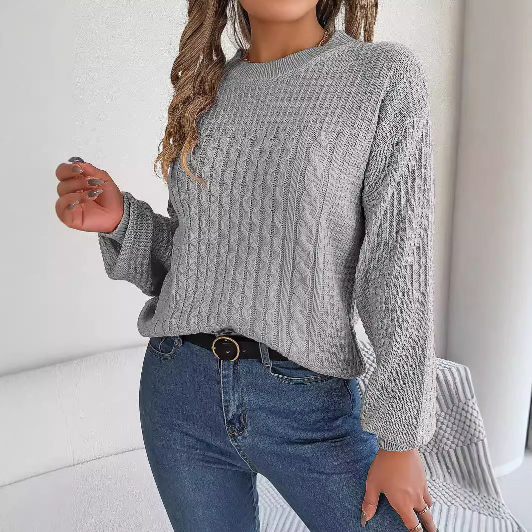 Cable-Knit Lantern-Sleeve Pullover Sweater