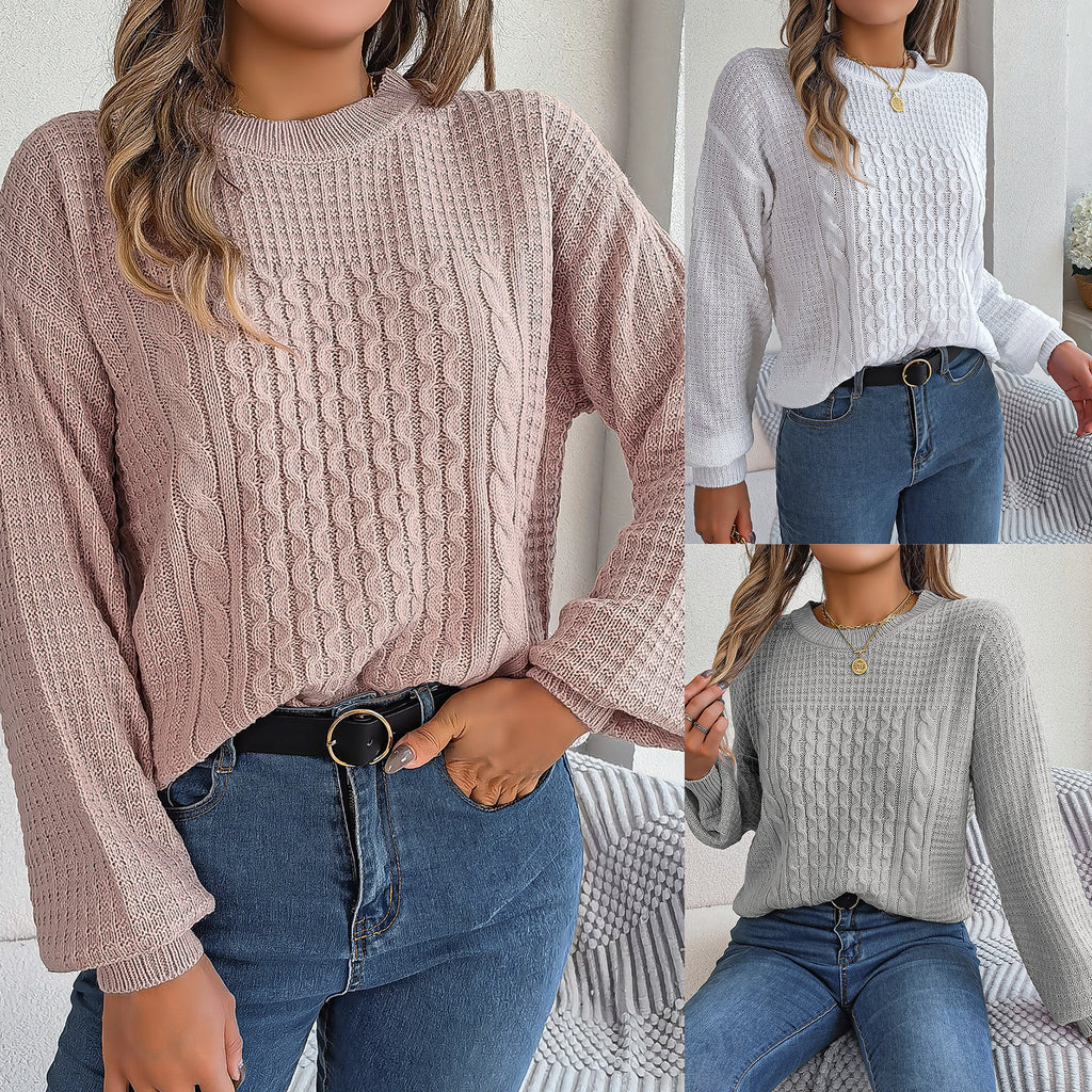 Cable-Knit Lantern-Sleeve Pullover Sweater