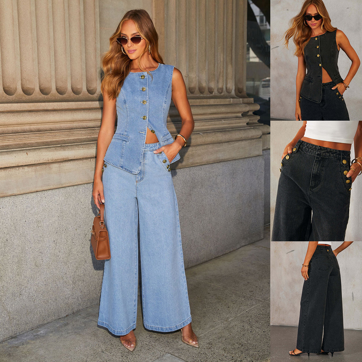 Denim Vest & Wide-Leg Pants Set