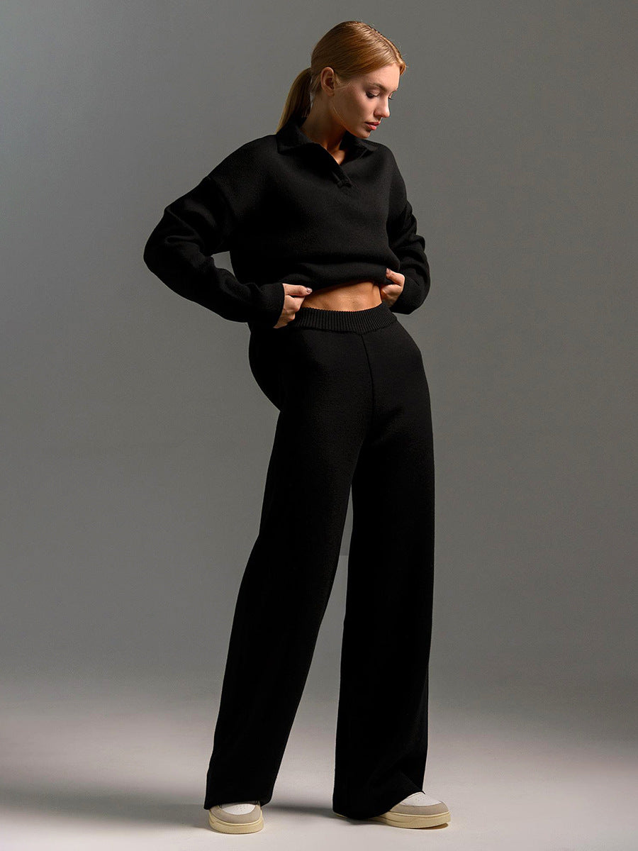 Collared Pullover Top & Loose Straight-Leg Trousers