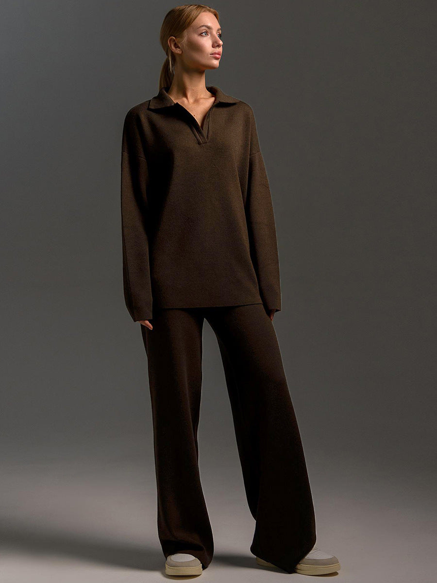 Collared Pullover Top & Loose Straight-Leg Trousers