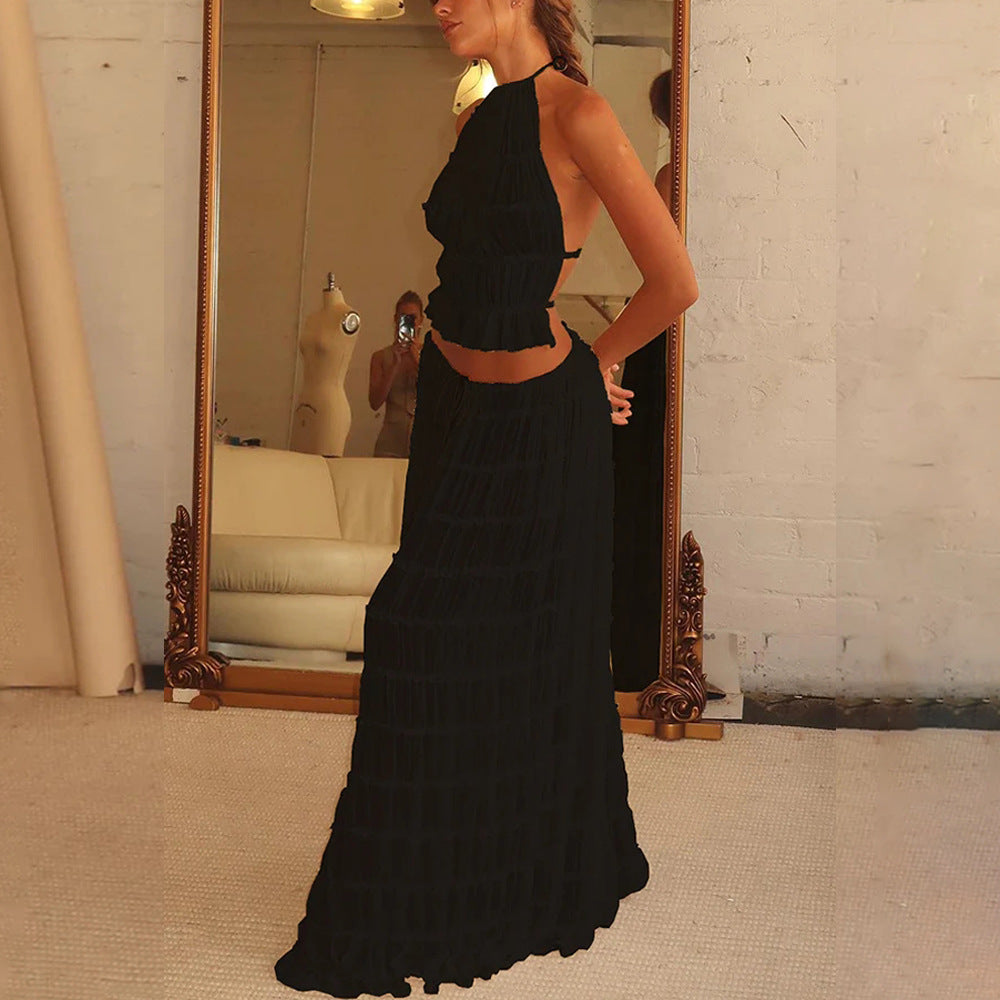 Halter Cropped Top & Pleated Oversized Swing Skirt