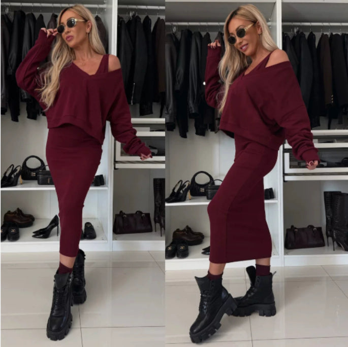 V-Neck Long-Sleeved Pullover & Sleeveless Mid-Dress Set