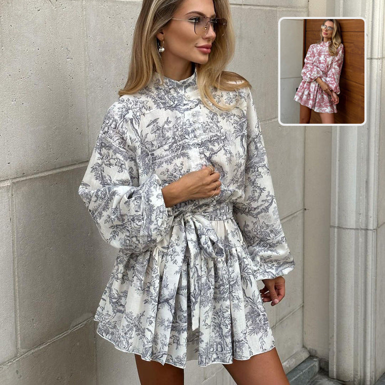Ink Print Puffy Sleeve Mini Dress