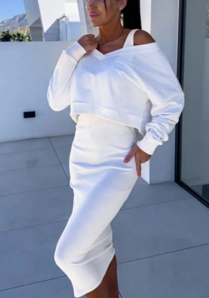 V-Neck Long-Sleeved Pullover & Sleeveless Mid-Dress Set