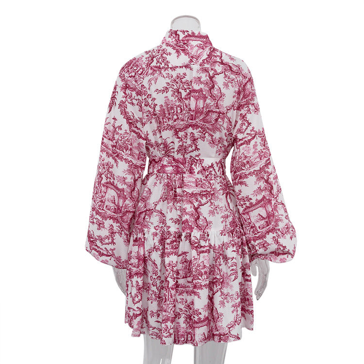 Ink Print Puffy Sleeve Mini Dress