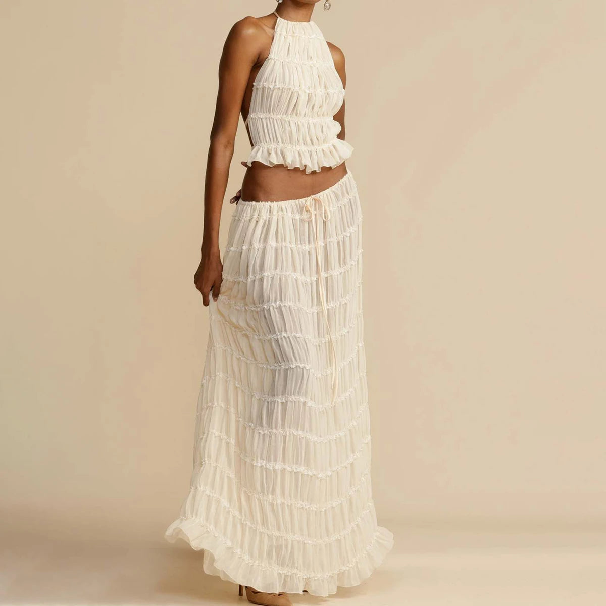 Halter Cropped Top & Pleated Oversized Swing Skirt