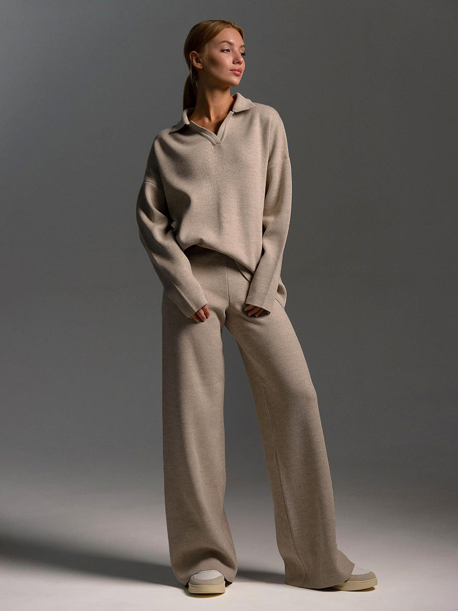 Collared Pullover Top & Loose Straight-Leg Trousers