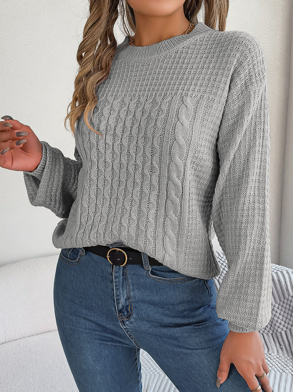 Cable-Knit Lantern-Sleeve Pullover Sweater