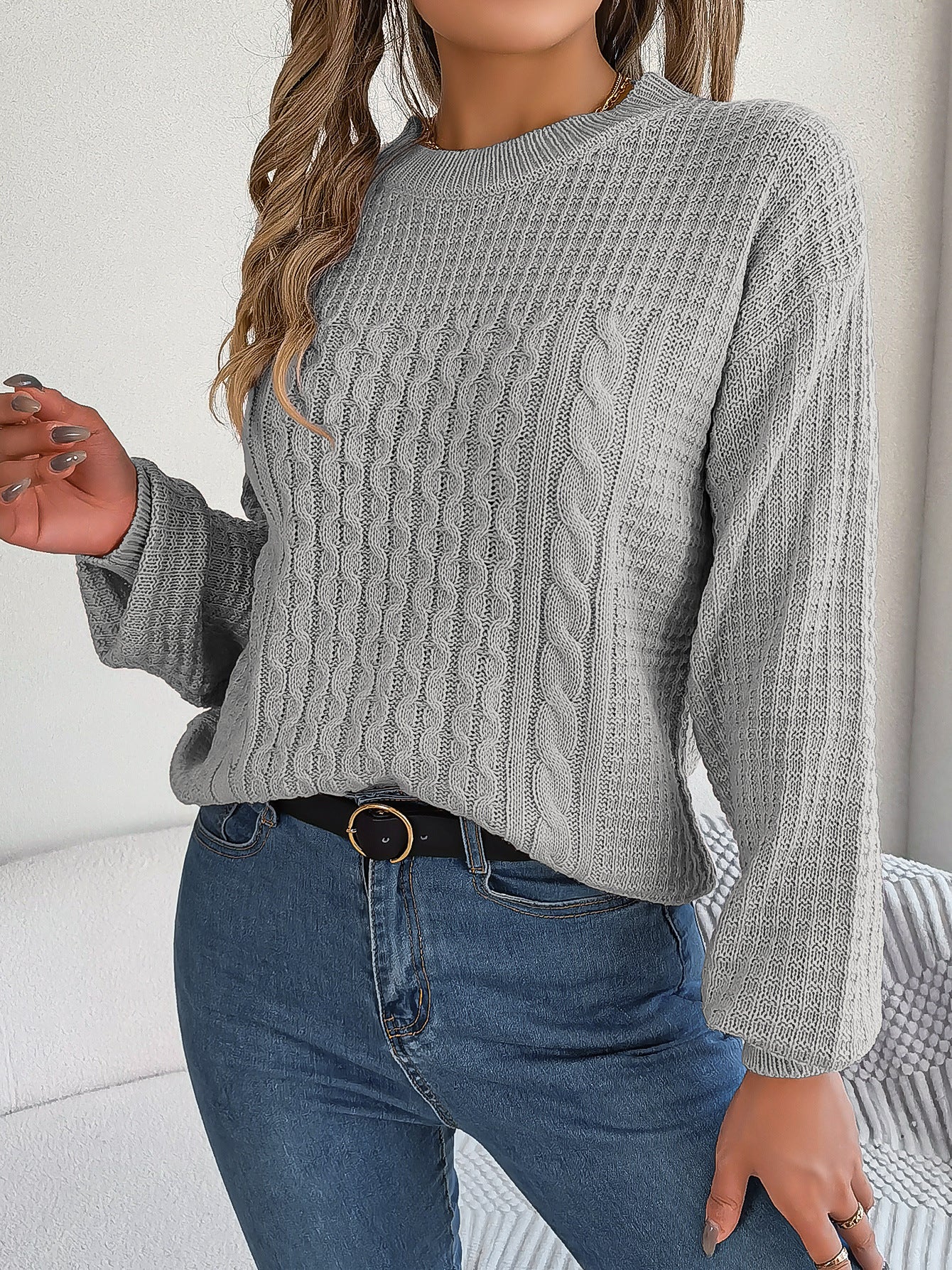 Cable-Knit Lantern-Sleeve Pullover Sweater