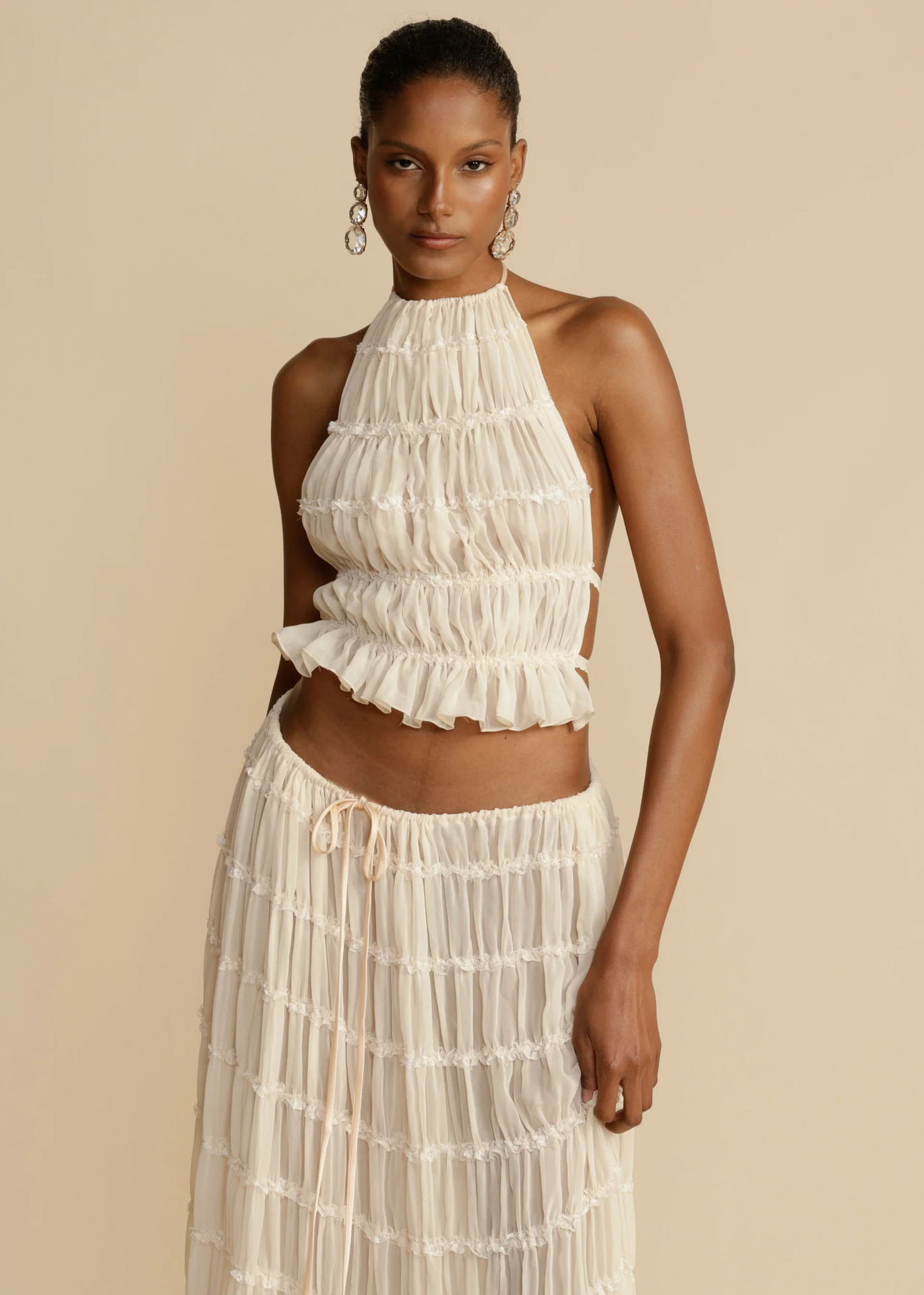 Halter Cropped Top & Pleated Oversized Swing Skirt