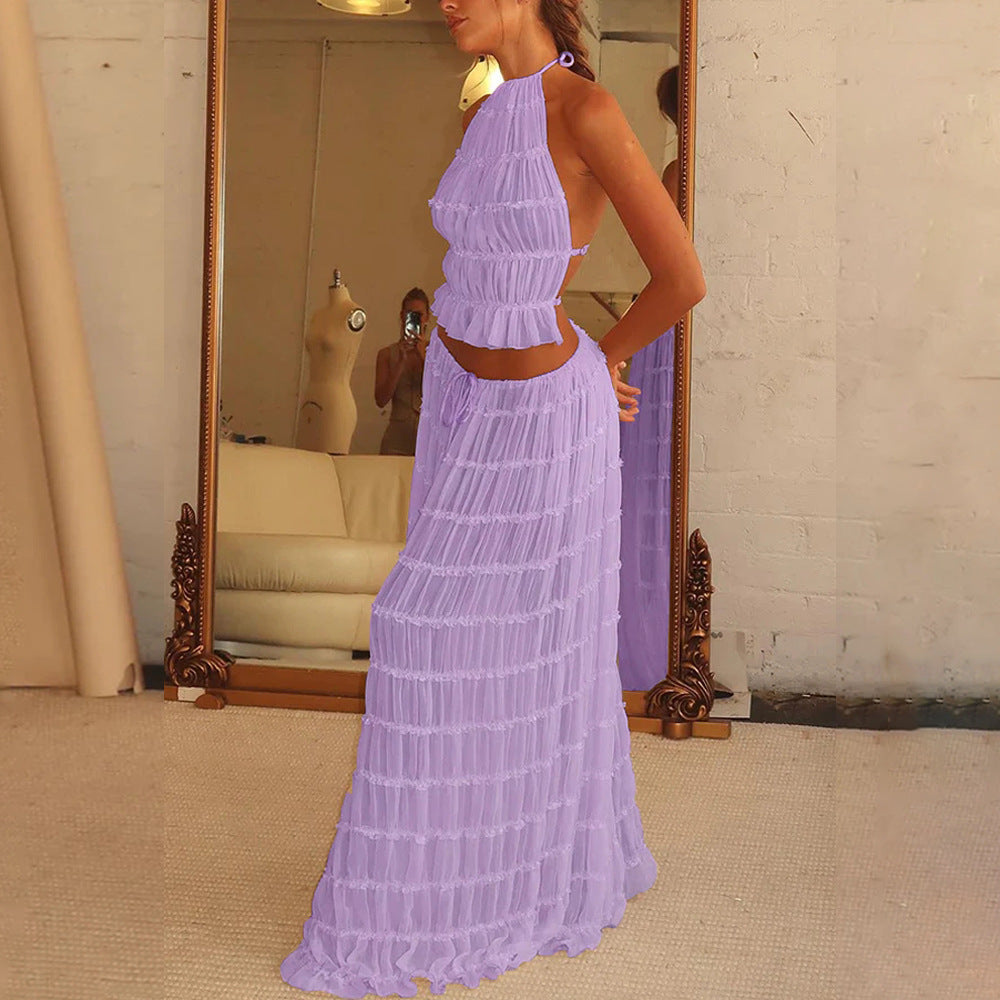 Halter Cropped Top & Pleated Oversized Swing Skirt