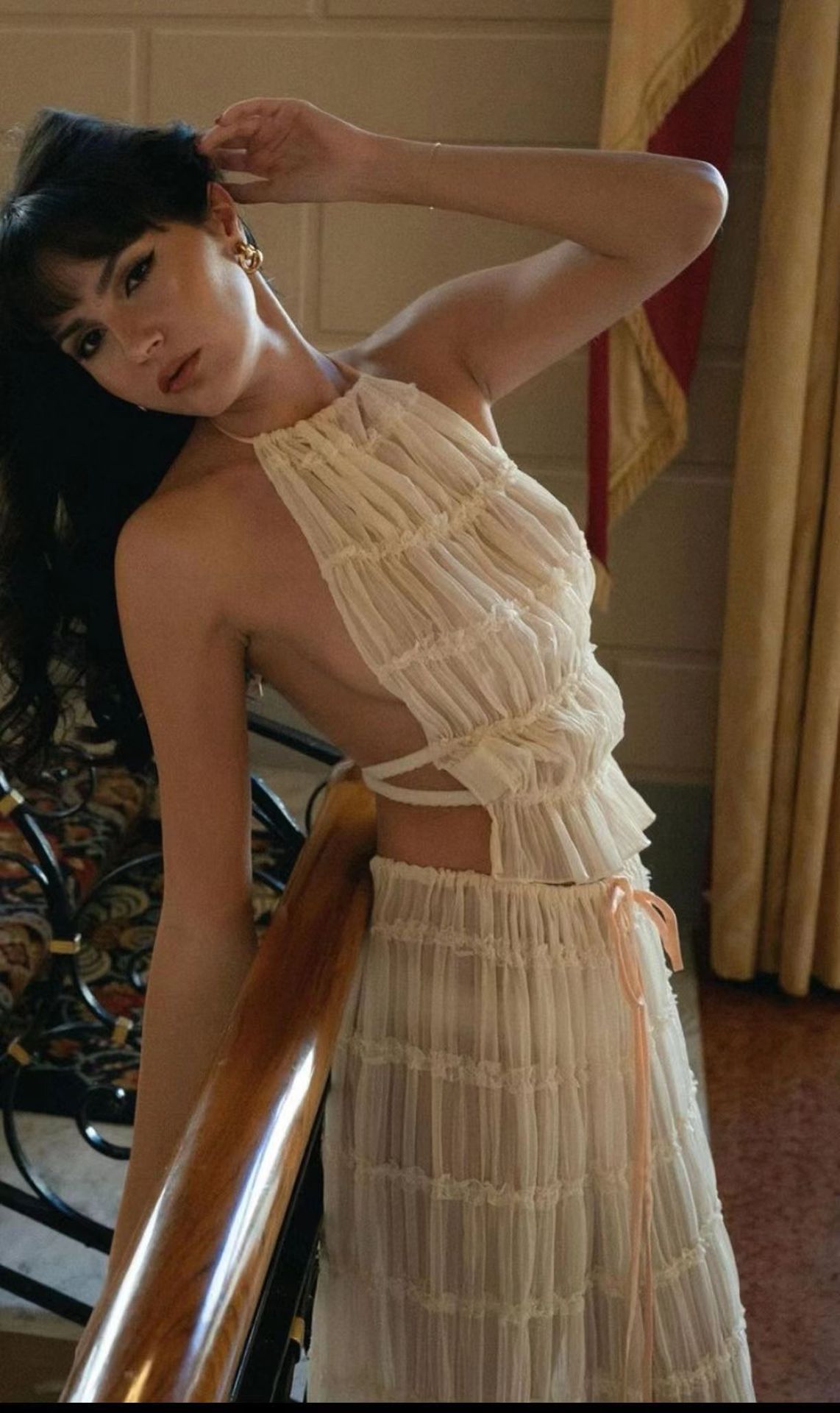 Halter Cropped Top & Pleated Oversized Swing Skirt