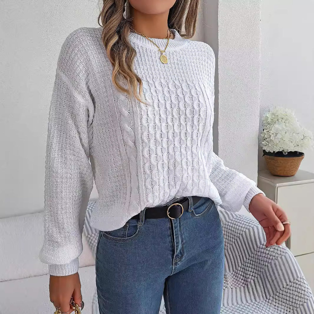Cable-Knit Lantern-Sleeve Pullover Sweater