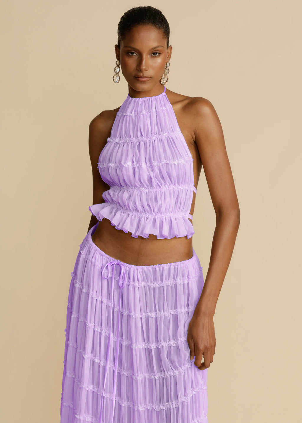 Halter Cropped Top & Pleated Oversized Swing Skirt