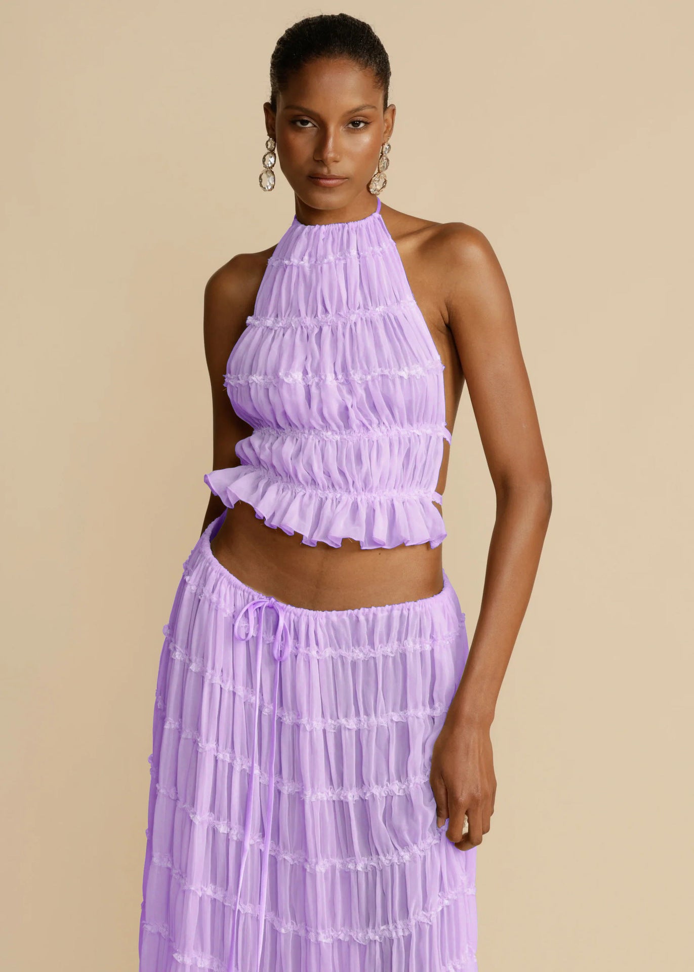 Halter Cropped Top & Pleated Oversized Swing Skirt