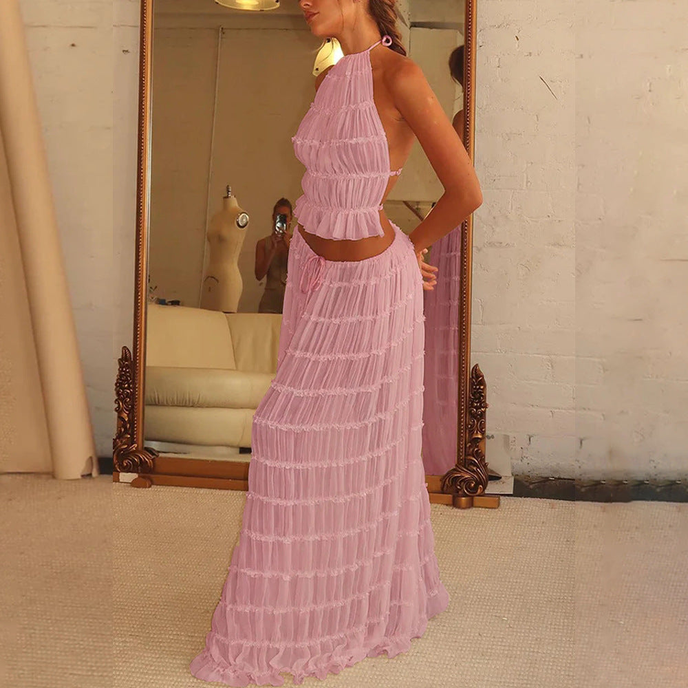 Halter Cropped Top & Pleated Oversized Swing Skirt