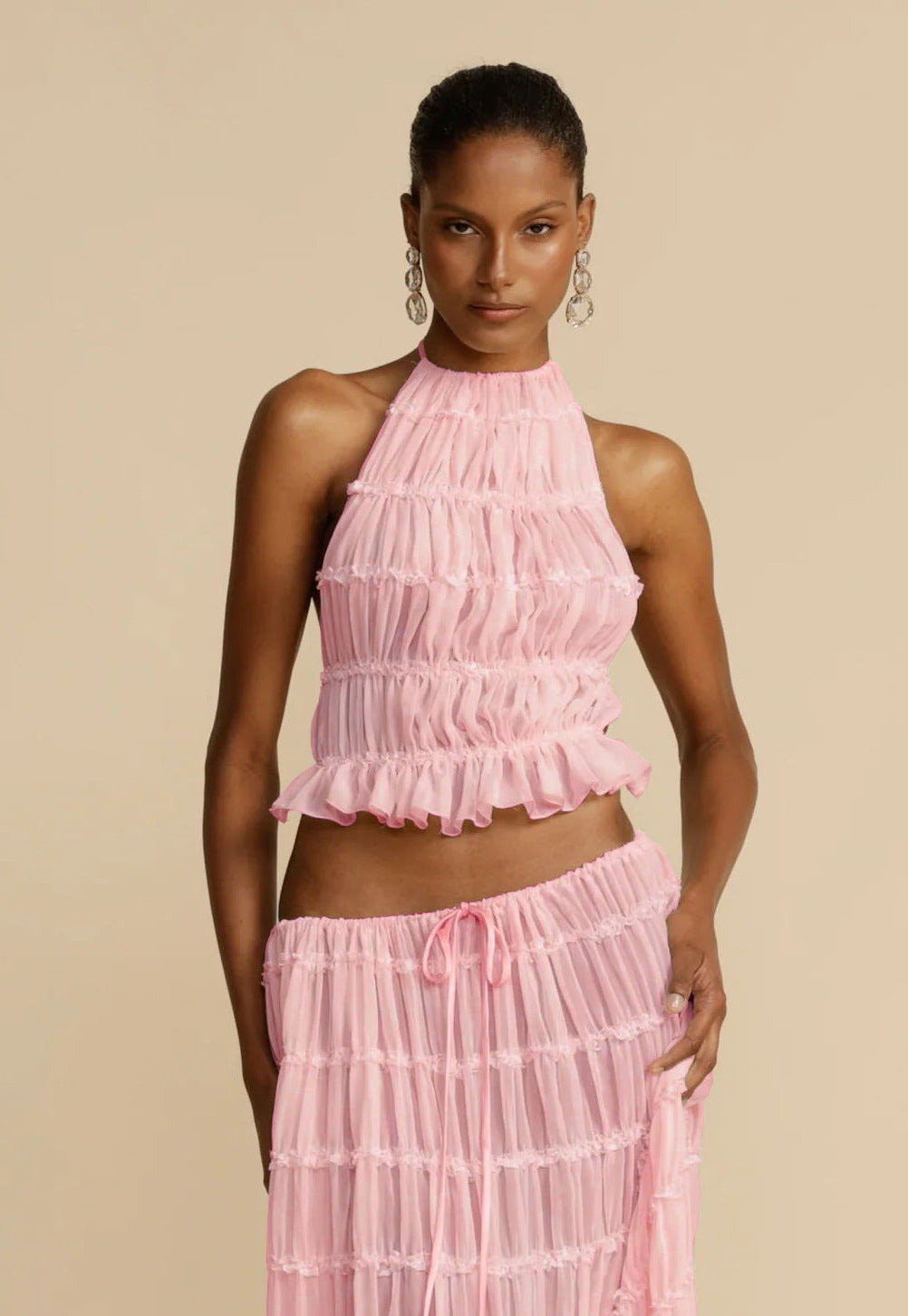 Halter Cropped Top & Pleated Oversized Swing Skirt